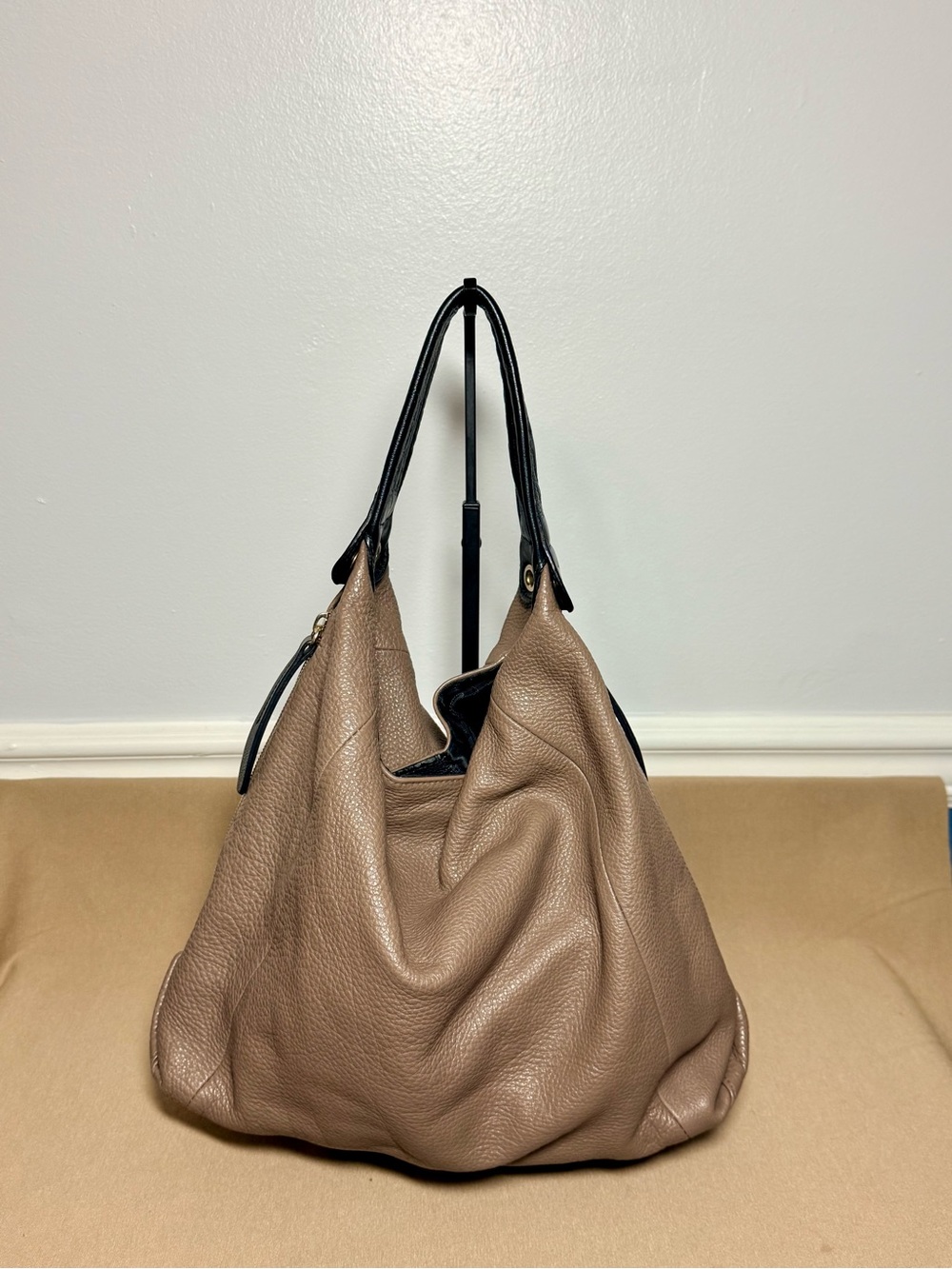 Furla Taupe Grey Pebbled Leather Hobo Shoulder Bag | Side Zip Expansion Panels - Picture 9 of 14